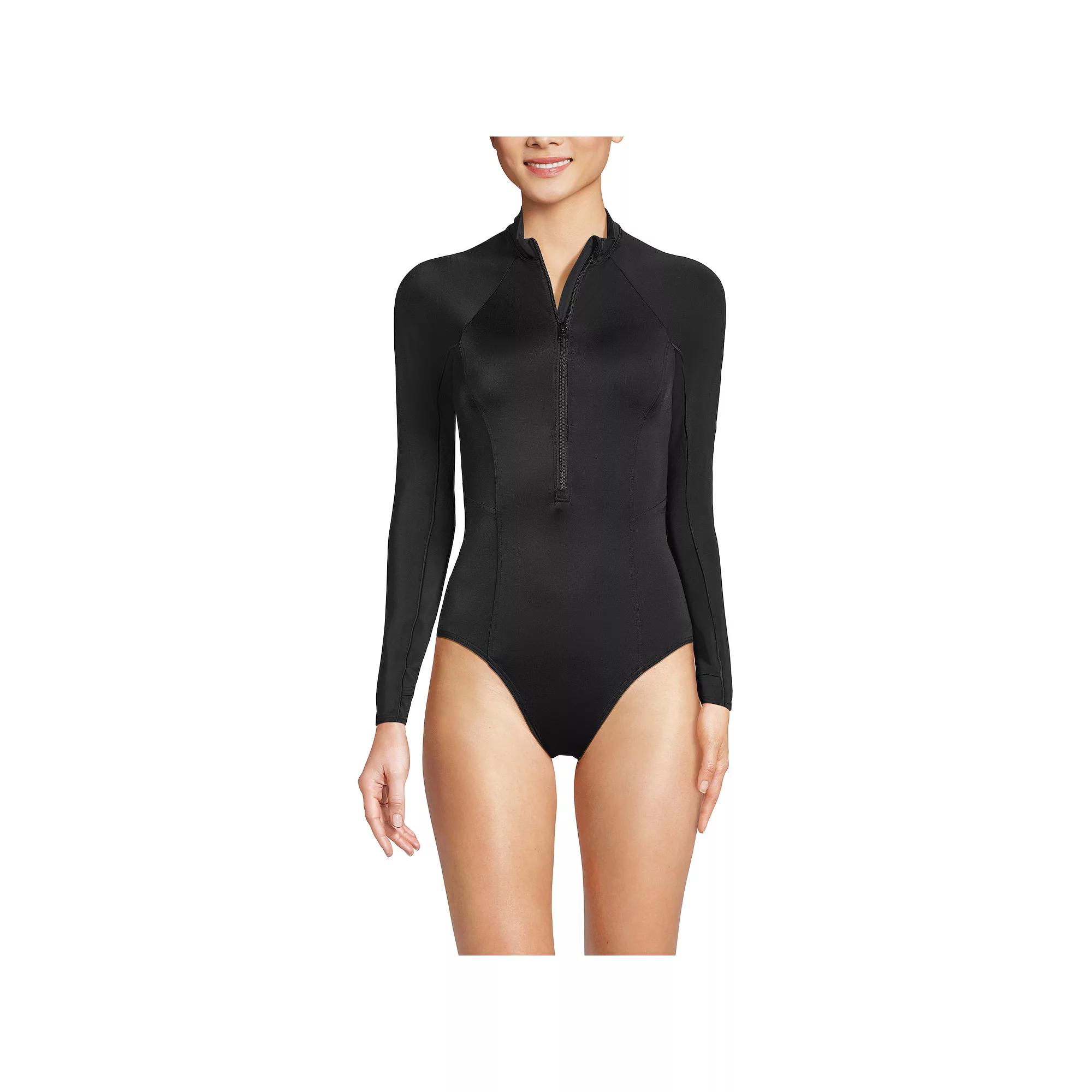 Women's Lands' End DDD-Cup Tugless Long Sleeve Rashguard One Piece Swimsuit, Size: 16 Ddd, Black Product Image