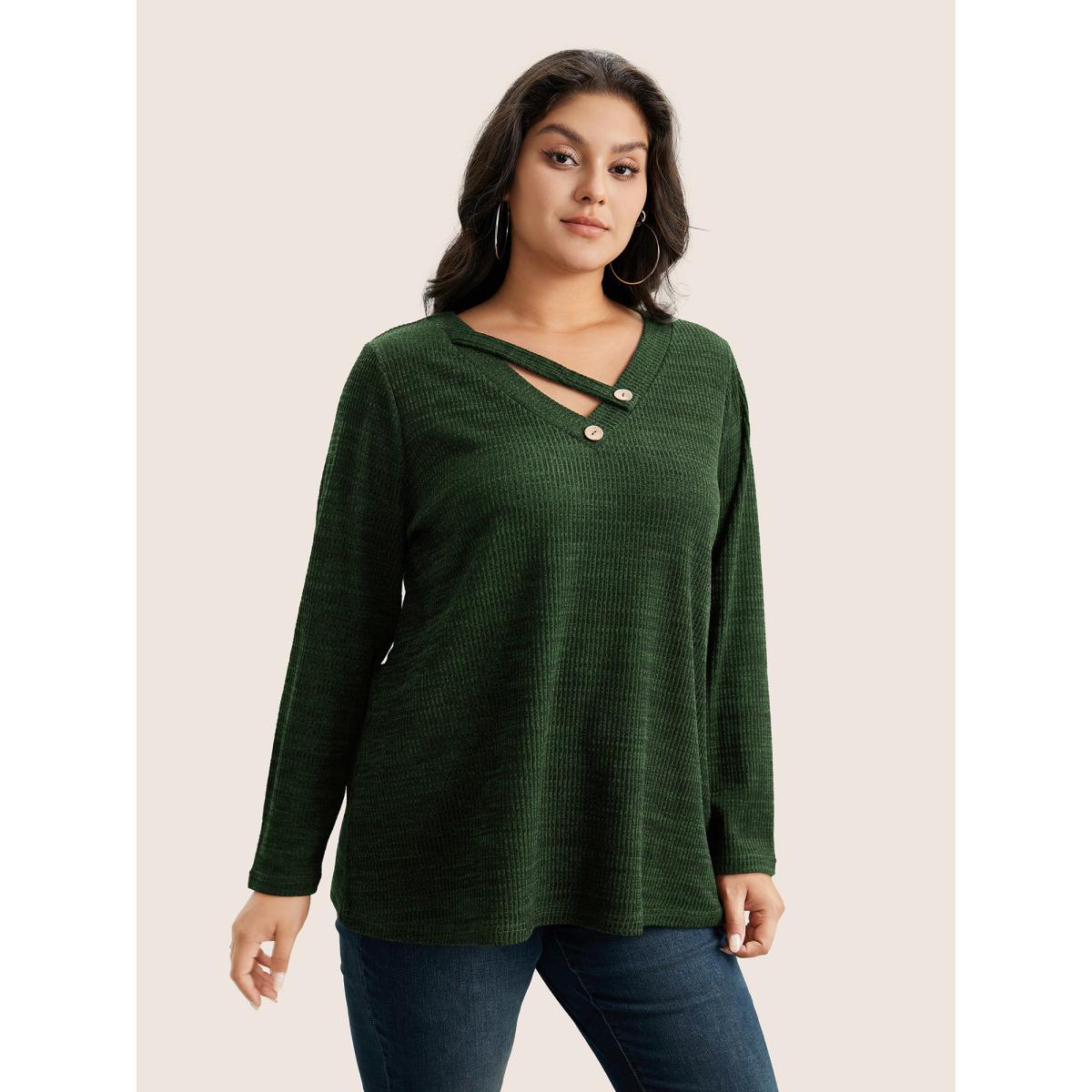 Plus Size Solid Rib Knit Button Detail T-shirt Red Women Leisure Non Plain V-neck Casual T-shirts BloomChic 12/L Product Image