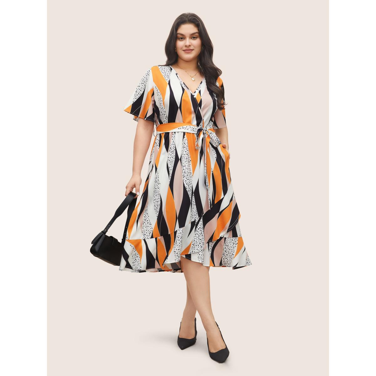 Plus Size Geometric Contrast Overlap Collar Belted Ruffle Sleeve Dress Multicolor Women At the Office Overlapping Overlap Collar Short sleeve Curvy Midi Dress BloomChic 10/M Product Image