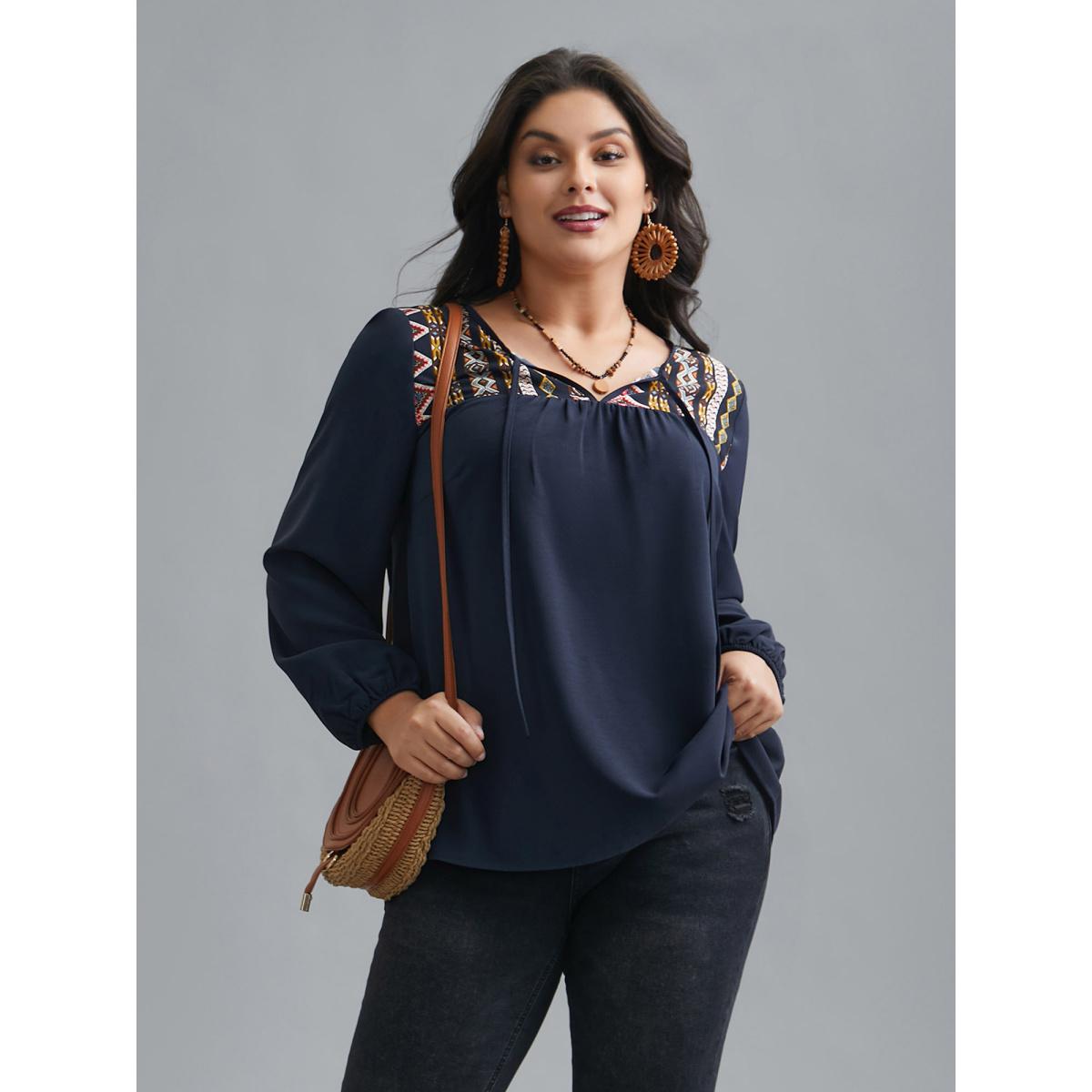 Plus Size Indigo Bandana Print Patchwork Ties Blouse Women Resort Long Sleeve Non Vacation Blouses BloomChic 18-20/2X Product Image