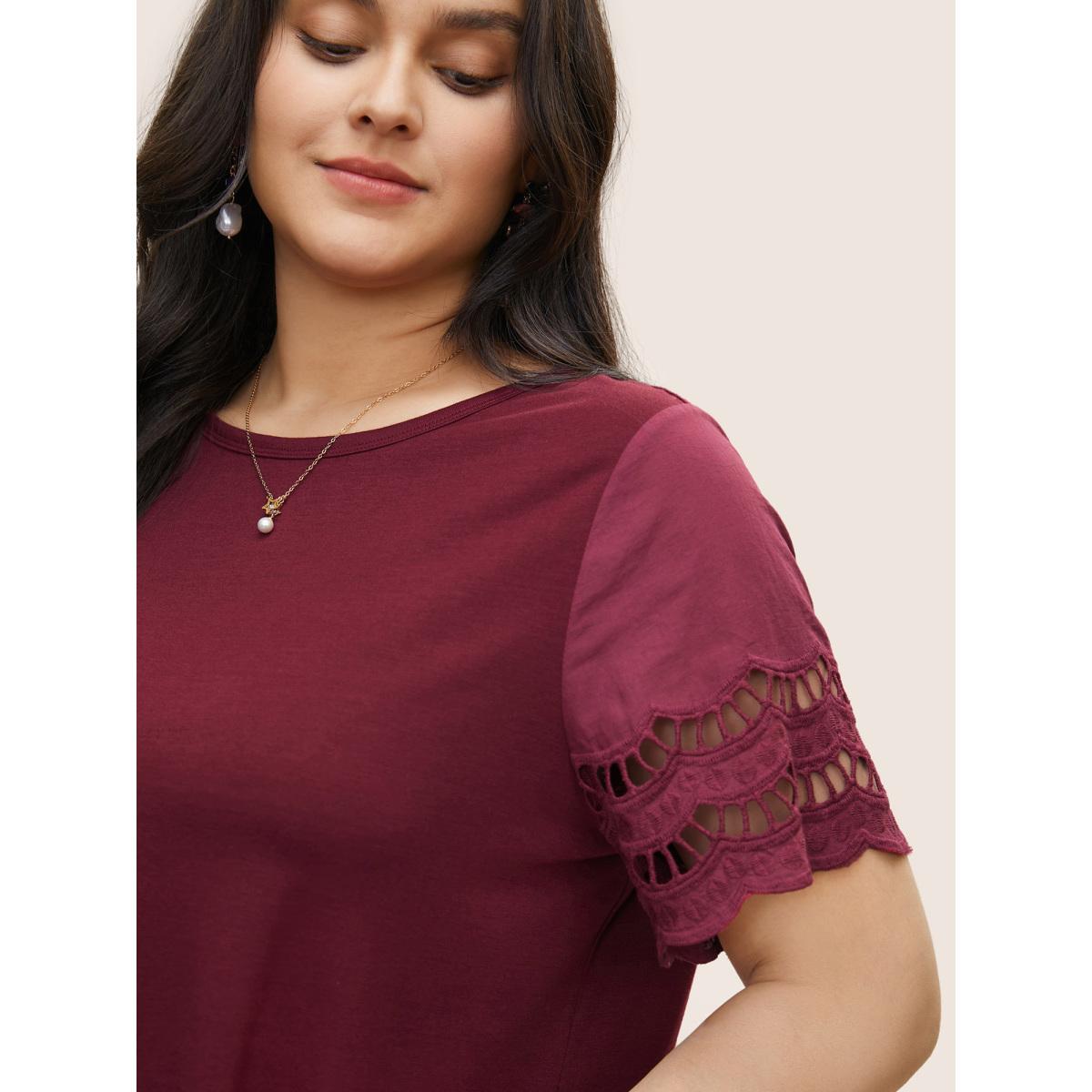 Plus Size Patchwork Broderie Anglaise Scalloped Trim T-shirt Burgundy Women Elegant Non Plain Round Neck Everyday T-shirts BloomChic 22-24/3X Product Image