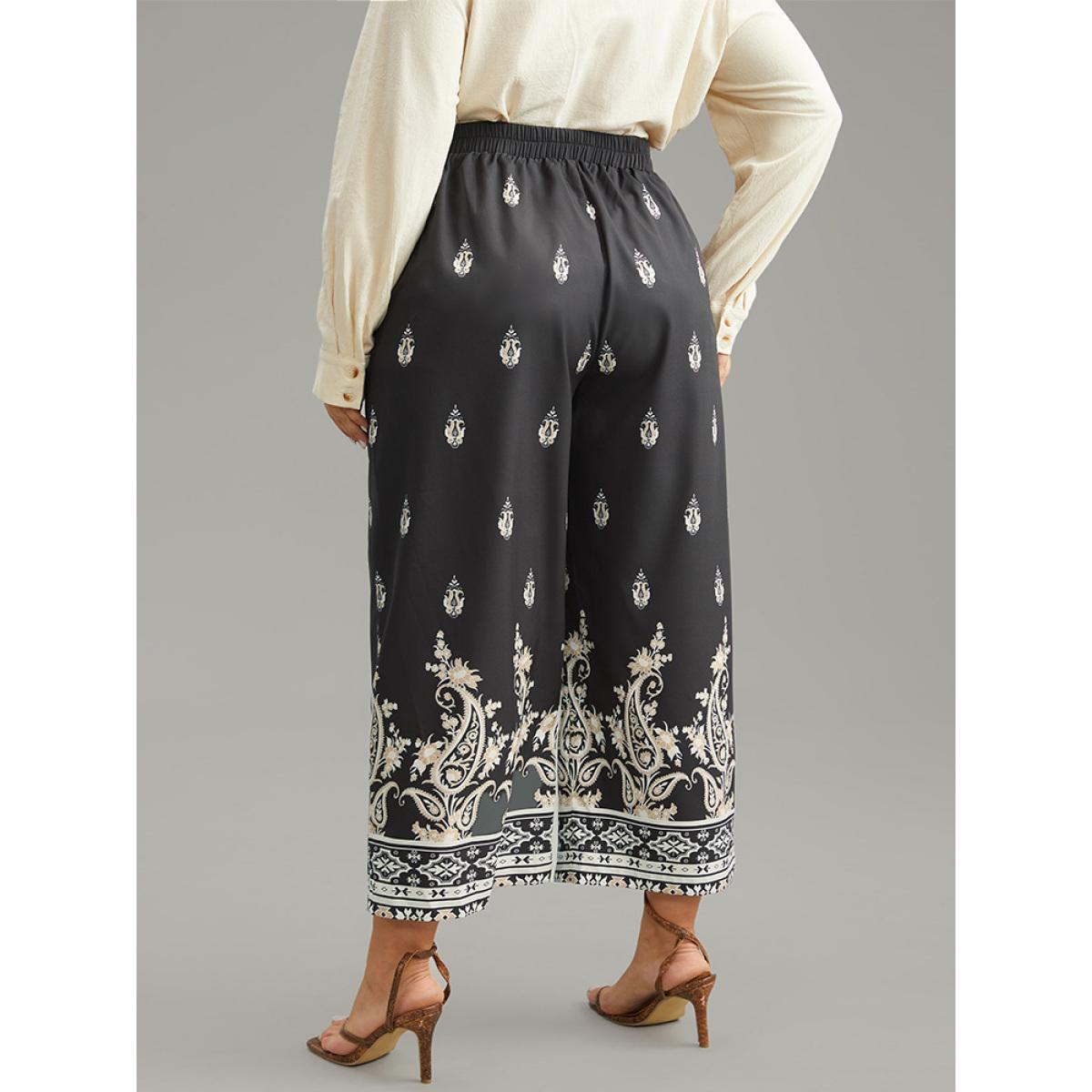 Plus Size Paisley High Rise Elastic Waist Pants Women Black Resort Wide Leg High Rise Vacation Pants BloomChic 30/6X Product Image