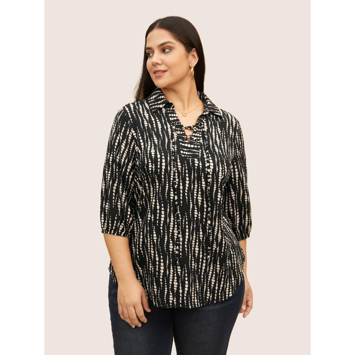 Plus Size Black Striped Lace Up Gathered Lantern Sleeve Blouse Women At the Office Elbow-length sleeve Shirt collar Work Blouses BloomChic 26/4X Product Image