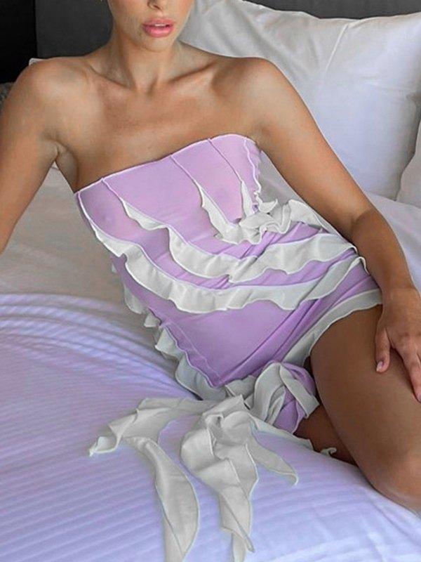 Patchwork Frill Trim Bandeau Mini Dress Product Image