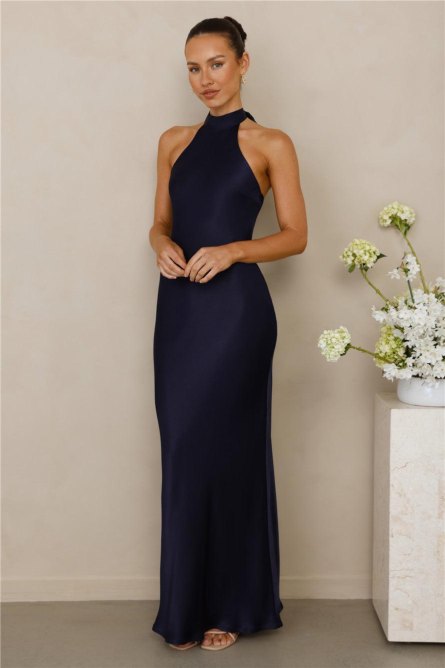 The Cleo Halter Satin Maxi Dress Navy Product Image