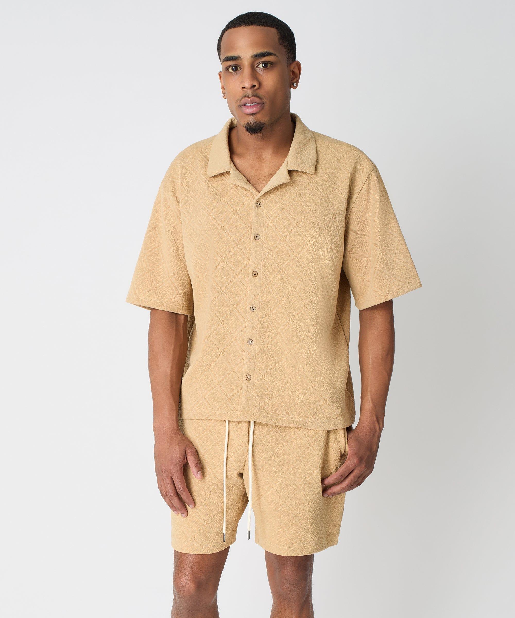 Textured Knit Short Sleeve Button Down Shirt - Taupe Product Image