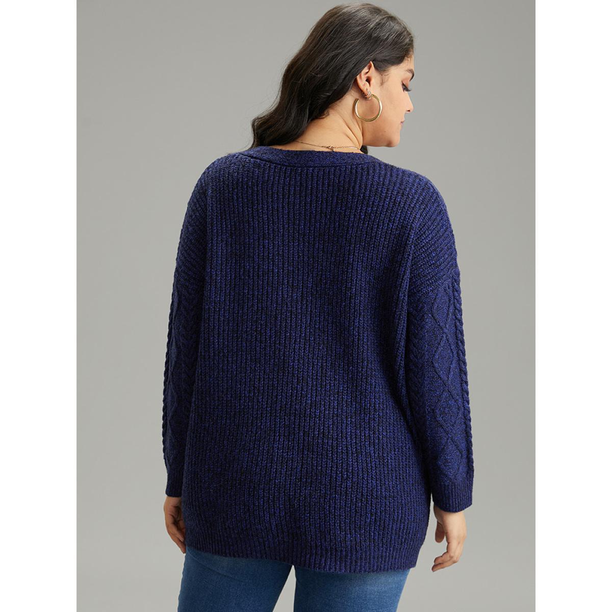 Plus Size Plain Geometric Texture Button Up Cable Knit Cardigan Midnight Women Casual Loose Long Sleeve Dailywear Cardigans BloomChic 14-16/1X Product Image