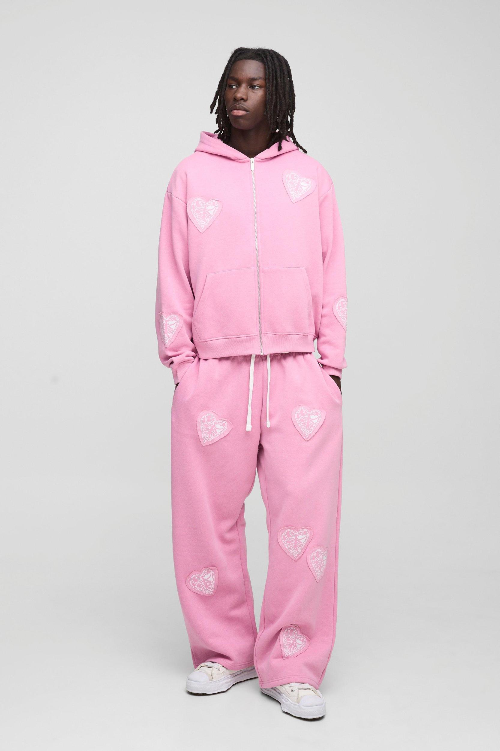 Oversized Boxy Zip Through and Extreme Wide Leg Hearts Applique Tracksuit | boohooMAN USA Product Image
