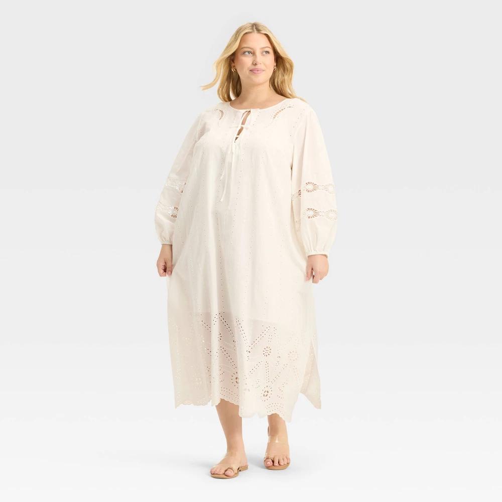Women's Long Sleeve Eyelet Caftan A-Line Dress - Future Collective Cream Product Image