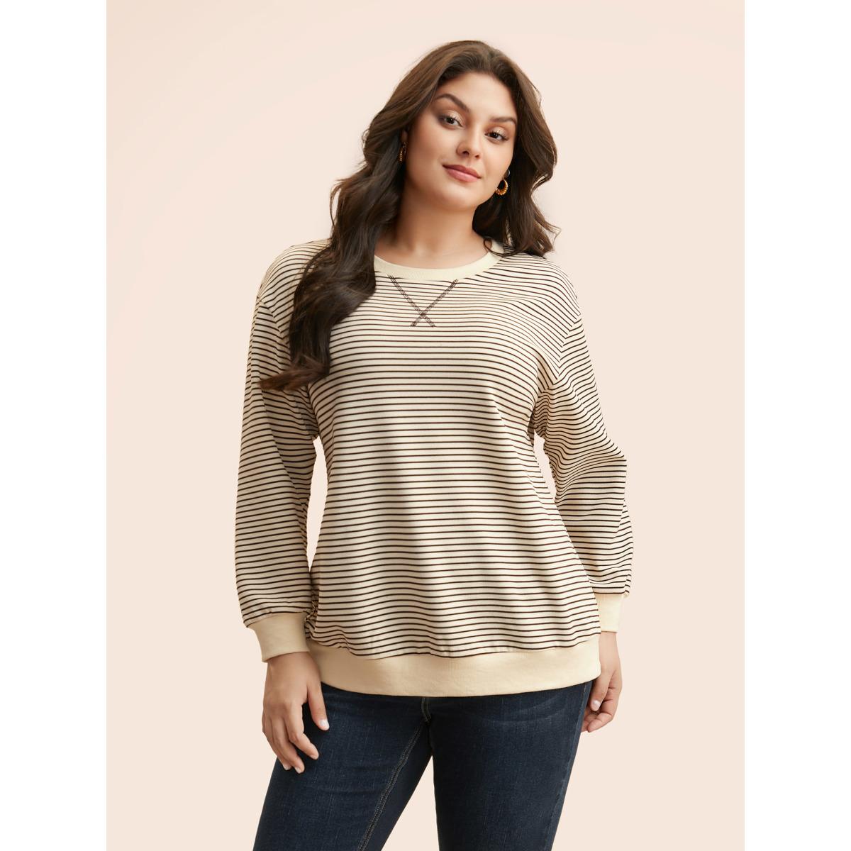 Plus Size Round Neck Striped Stitch Sweatshirt Women DarkBrown Casual Texture Round Neck Everyday Sweatshirts BloomChic 10/M Product Image