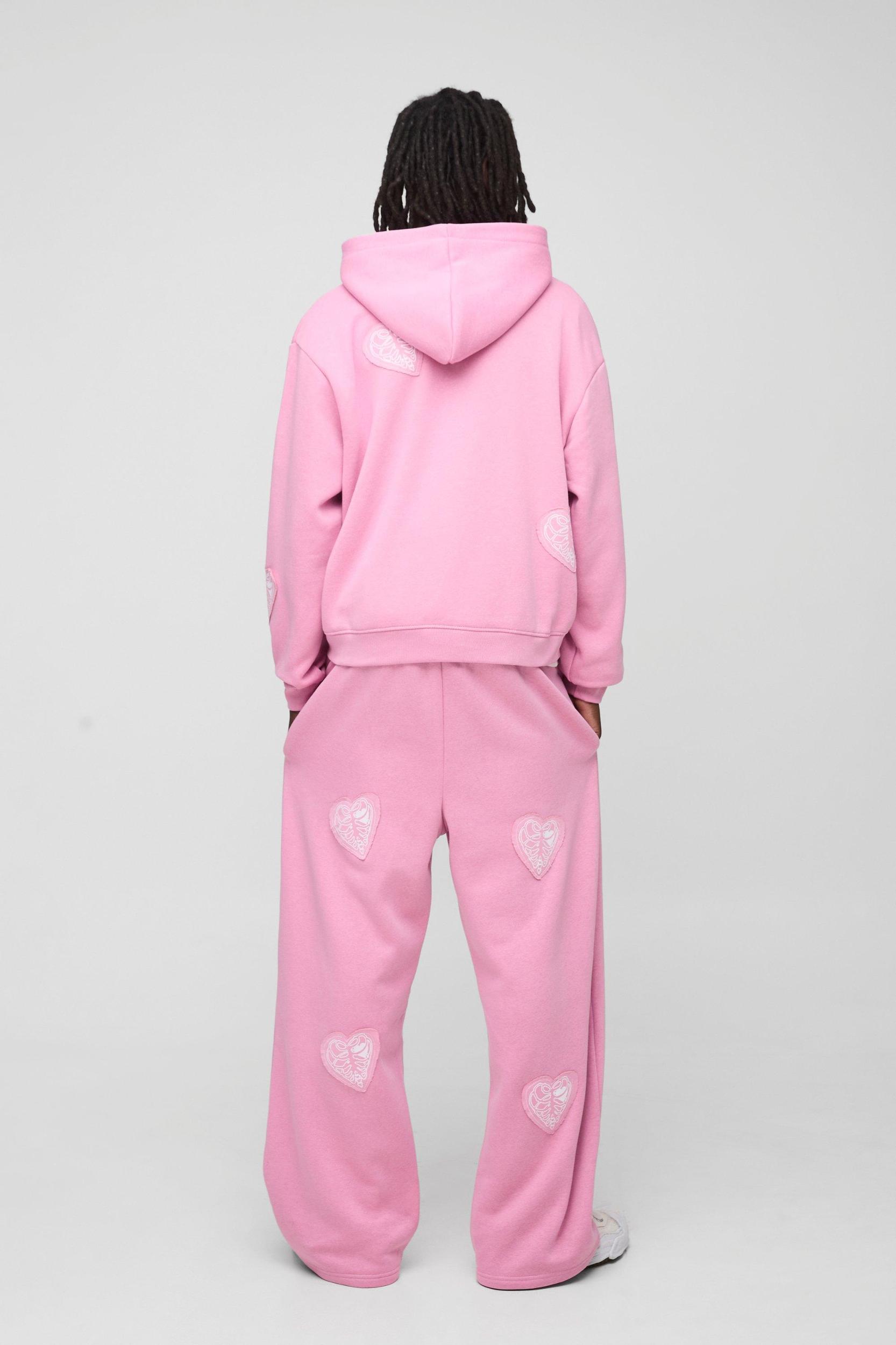 Oversized Boxy Zip Through and Extreme Wide Leg Hearts Applique Tracksuit | boohooMAN USA Product Image
