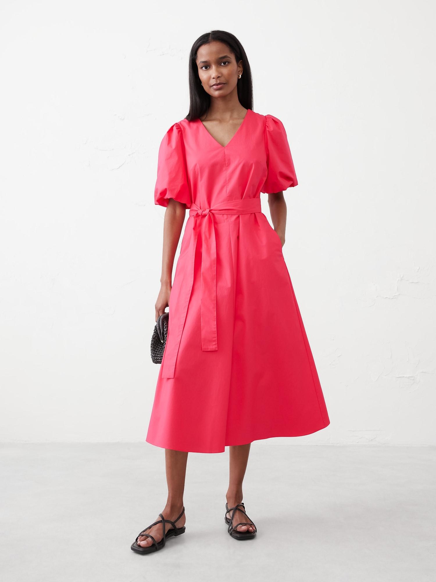 Puff-Sleeve Poplin Midi Dress Product Image