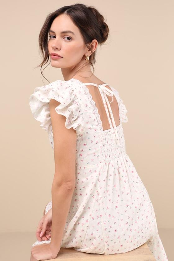 Eben Ivory Ditsy Floral Flutter Sleeve Mini Dress Product Image