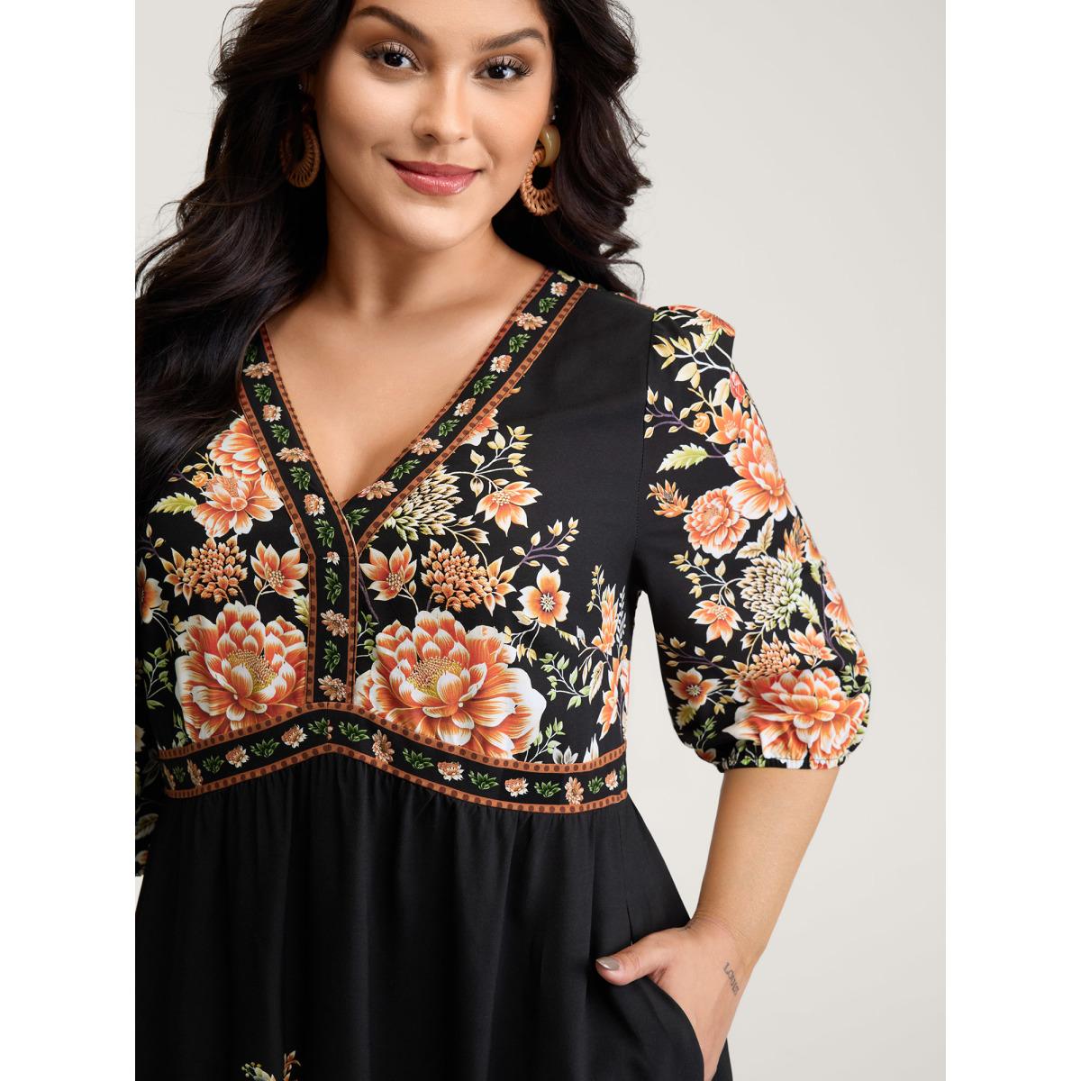 Plus Size Rayon Floral Print Contrast V-Neck Midi Dress Black Women Boho Gathered V-neck Elbow-length sleeve Curvy BloomChic 12/L Product Image