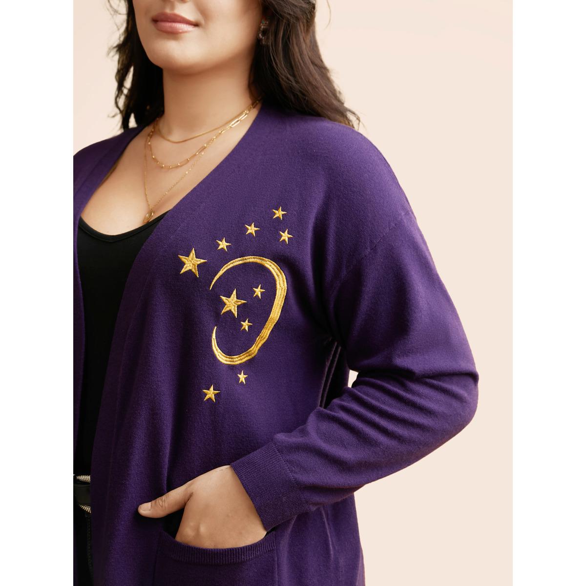 Plus Size Supersoft Essentials Celestial Embroidered Cardigan Eggplant Women Casual Loose Long Sleeve Everyday Cardigans BloomChic 30/6X Product Image