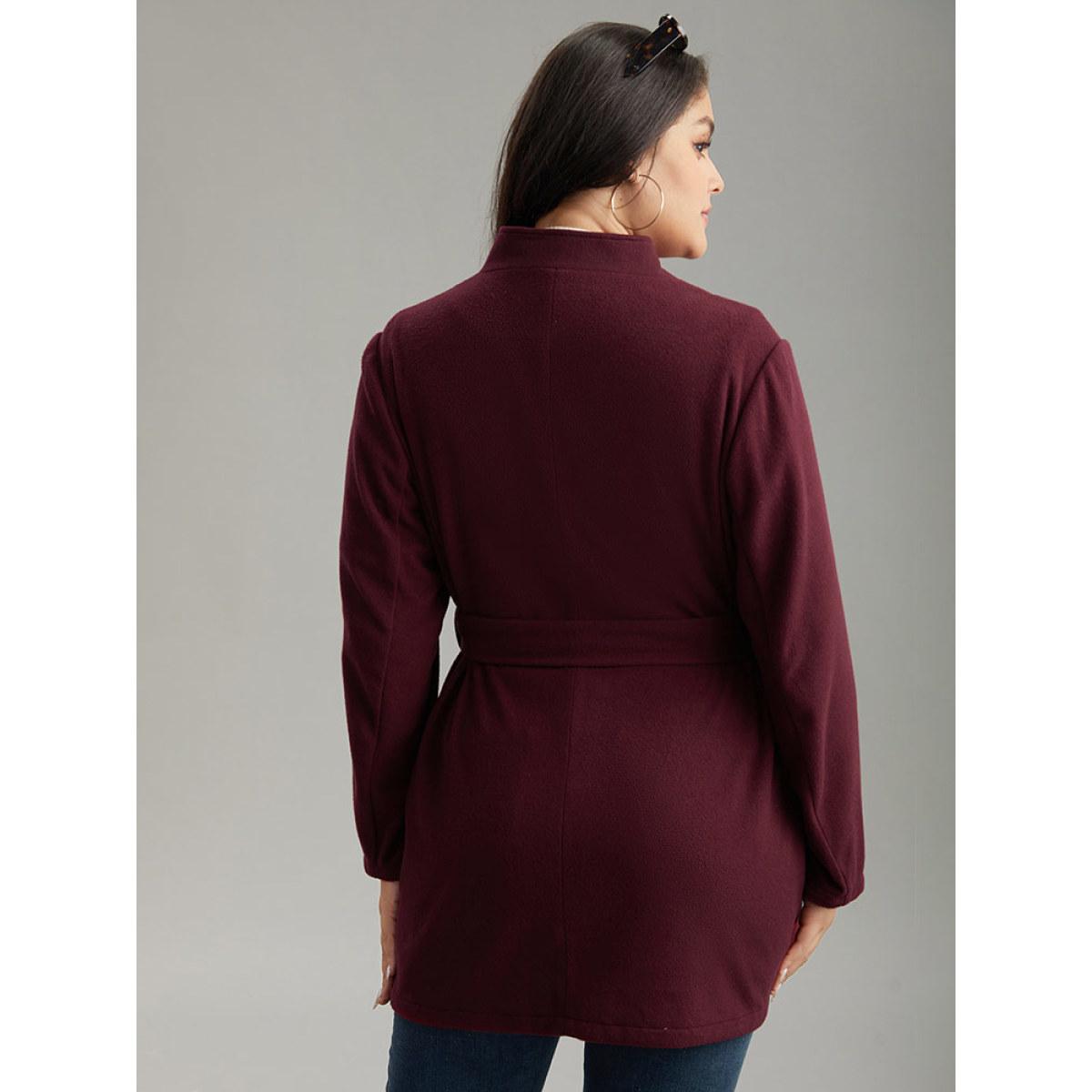 Plus Size Solid Button Fly Stand Collar Belted Pocket Coat Women Burgundy Casual Plain Ladies Everyday Winter Coats BloomChic 26/4X Product Image