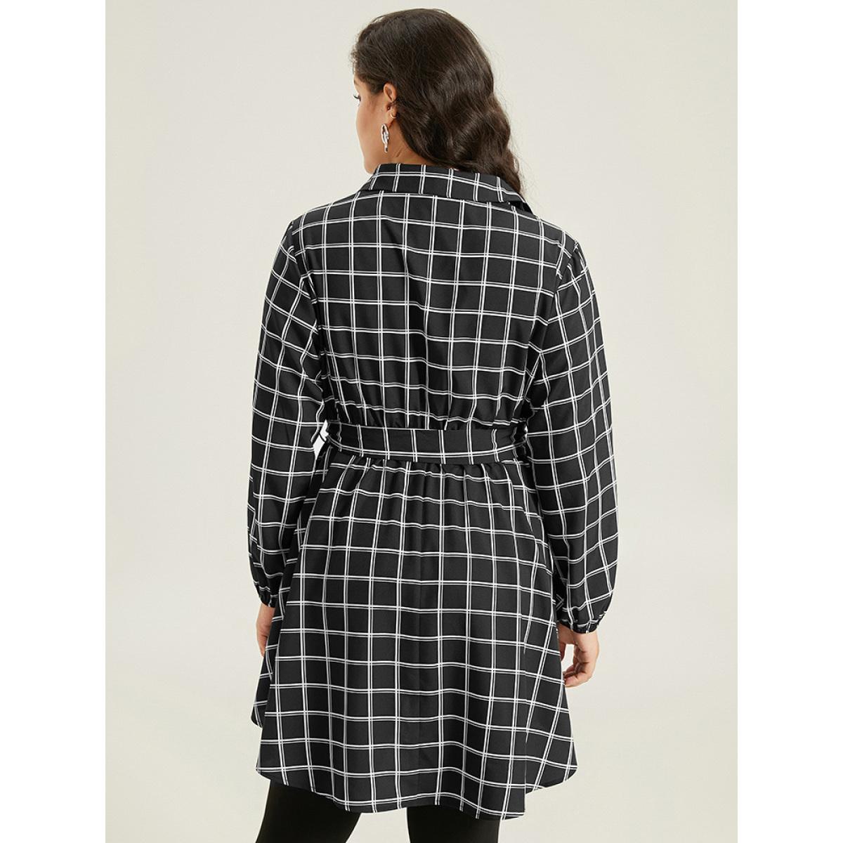 Plus Size Black Plaid Button Up Belted High Low Hem Blouse Women Office Long Sleeve Shirt collar Office Blouses BloomChic 22-24/3X Product Image
