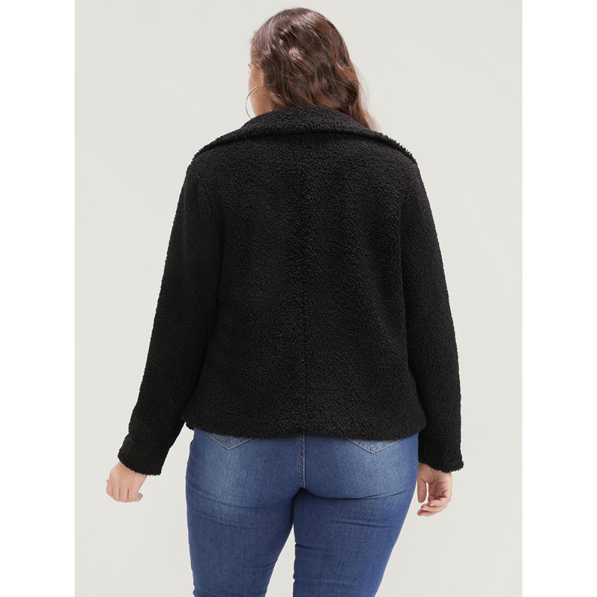 Plus Size Solid Zipper Pocket Suit Collar Teddy Coat Women Black Elegant Zipper Ladies Dailywear Winter Coats BloomChic 30/6X Product Image