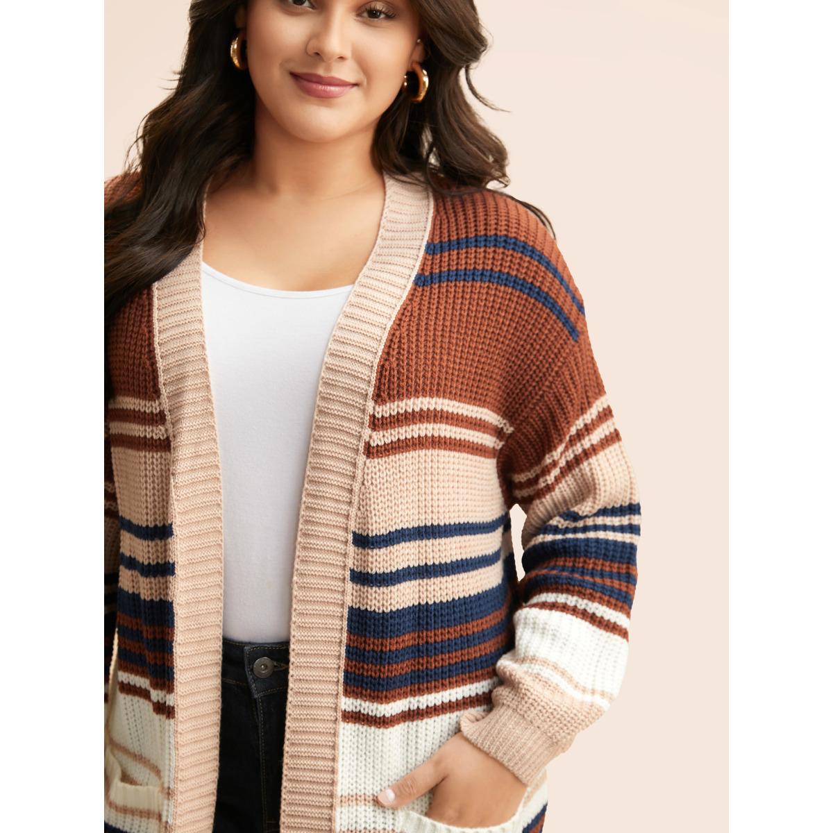 Plus Size Contrast Striped Pocket Drop Shoulder Cardigan Browncoffeecolor Women Casual Loose Long Sleeve Everyday Cardigans BloomChic 22-24/3X Product Image