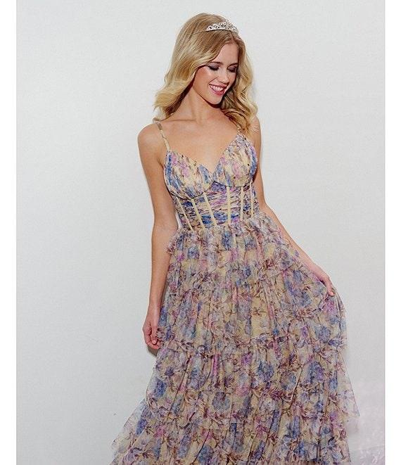 Blondie Nites Floral Mesh V-Neck Spaghetti Strap Corset Tiered A-Line Dress Product Image
