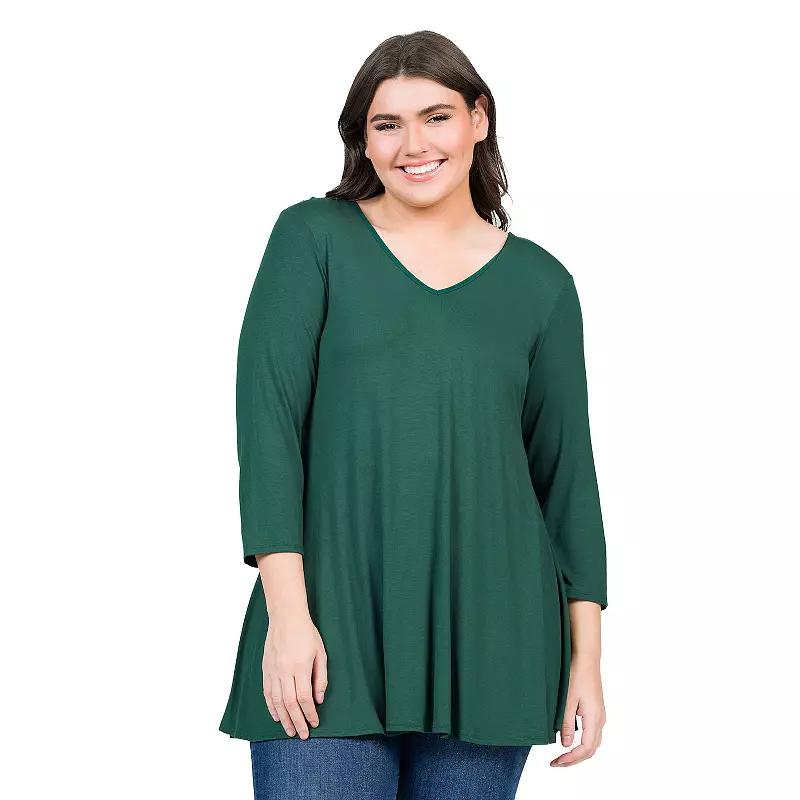 Plus Size 24Seven Comfort Apparel Quarter Sleeve V-Neck Tunic Top, Womens Green Product Image