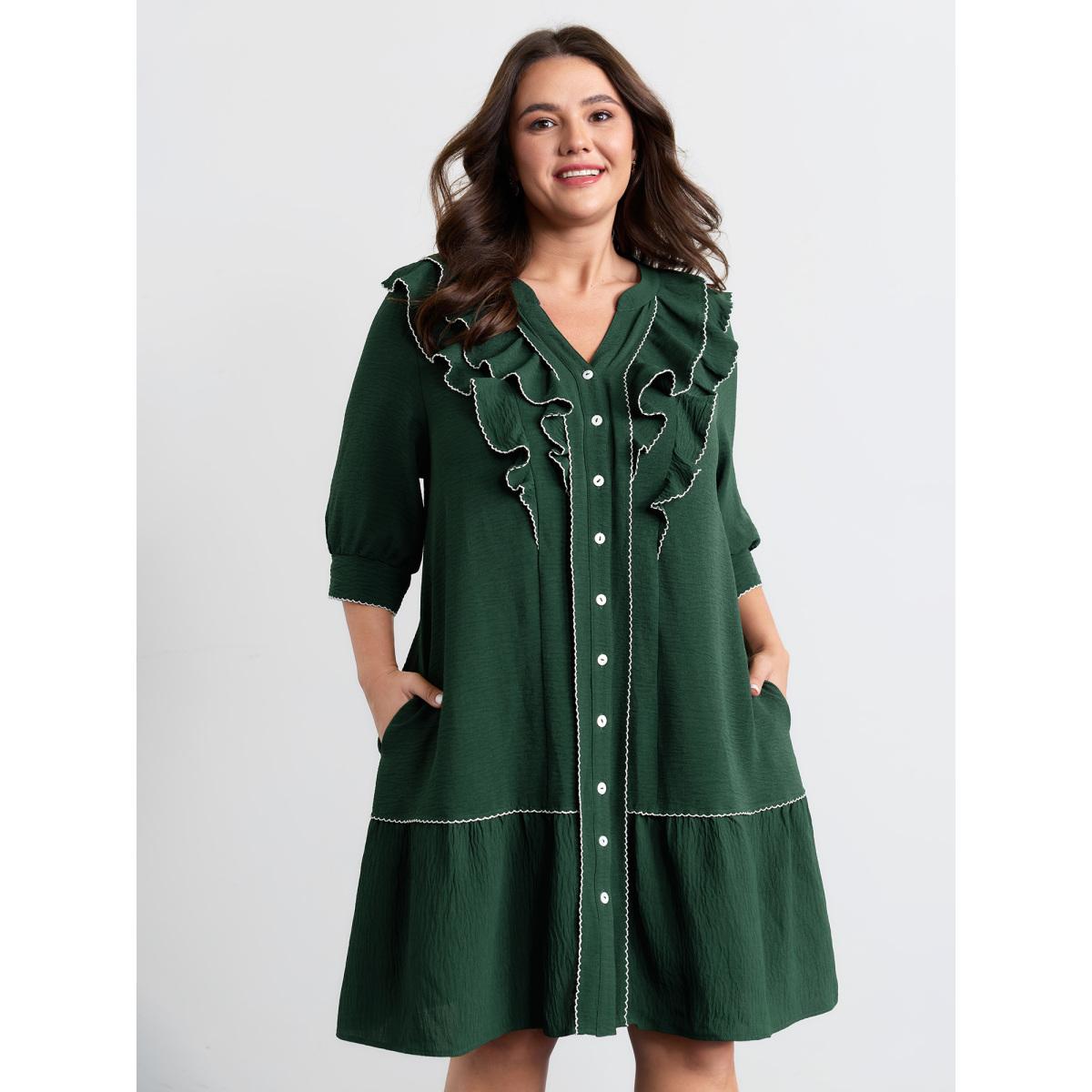 Plus Size Ruffled Neck Tiered Button Knee-Length Dress DarkGreen Women Leisure Contrast Flat collar with V-notch Elbow-length sleeve Curvy BloomChic 28/5X Product Image