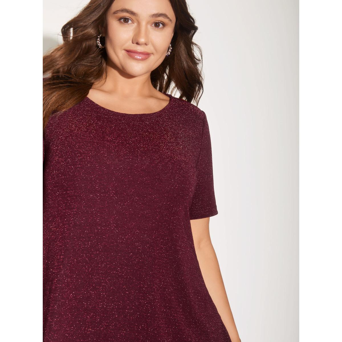 Plus Size Shimmering Gold & Silver Thread A-Line Tee Burgundy Women Leisure Non Round Neck Loose Casual T-shirts BloomChic 30/6X Product Image