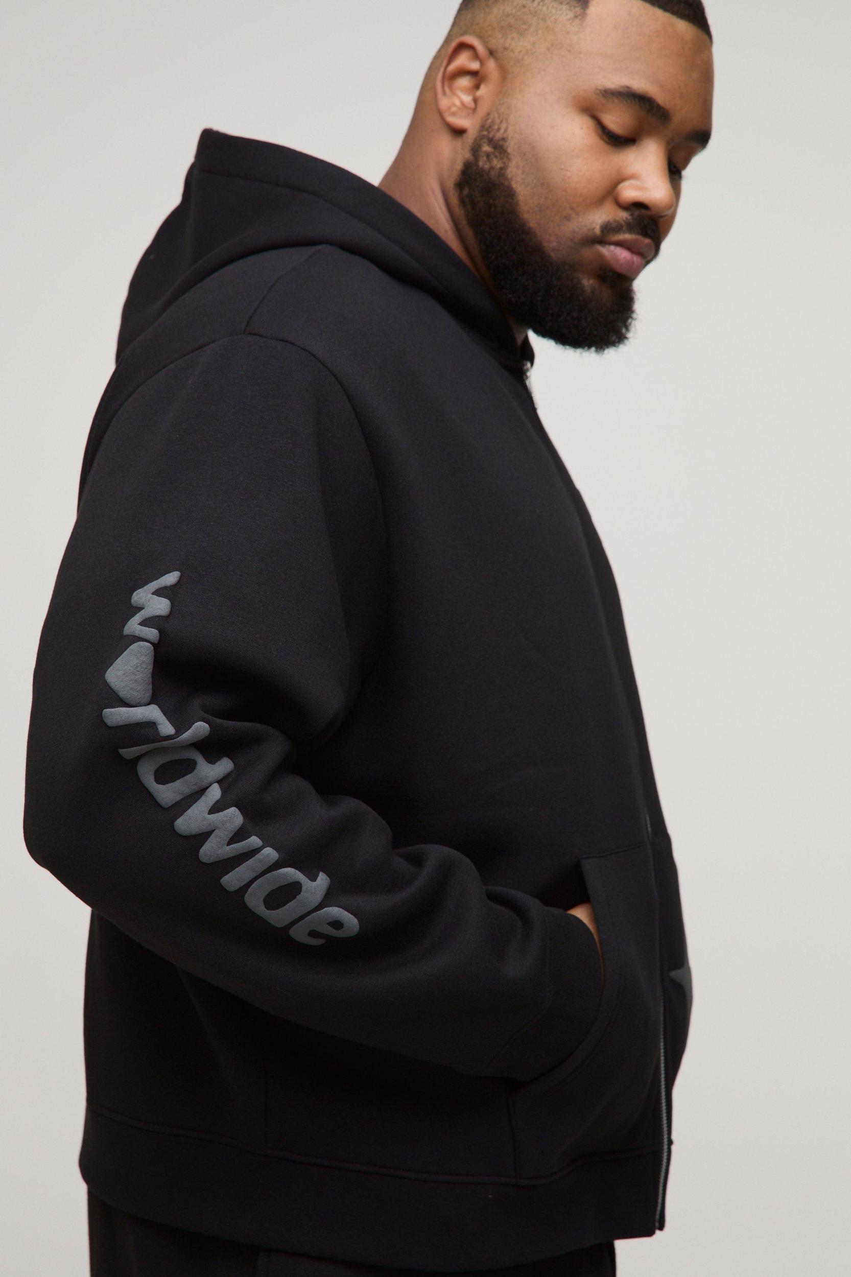 Plus Oversized Boxy Worldwide Puff Print Zip Through Hoodie | boohooMAN USA Product Image
