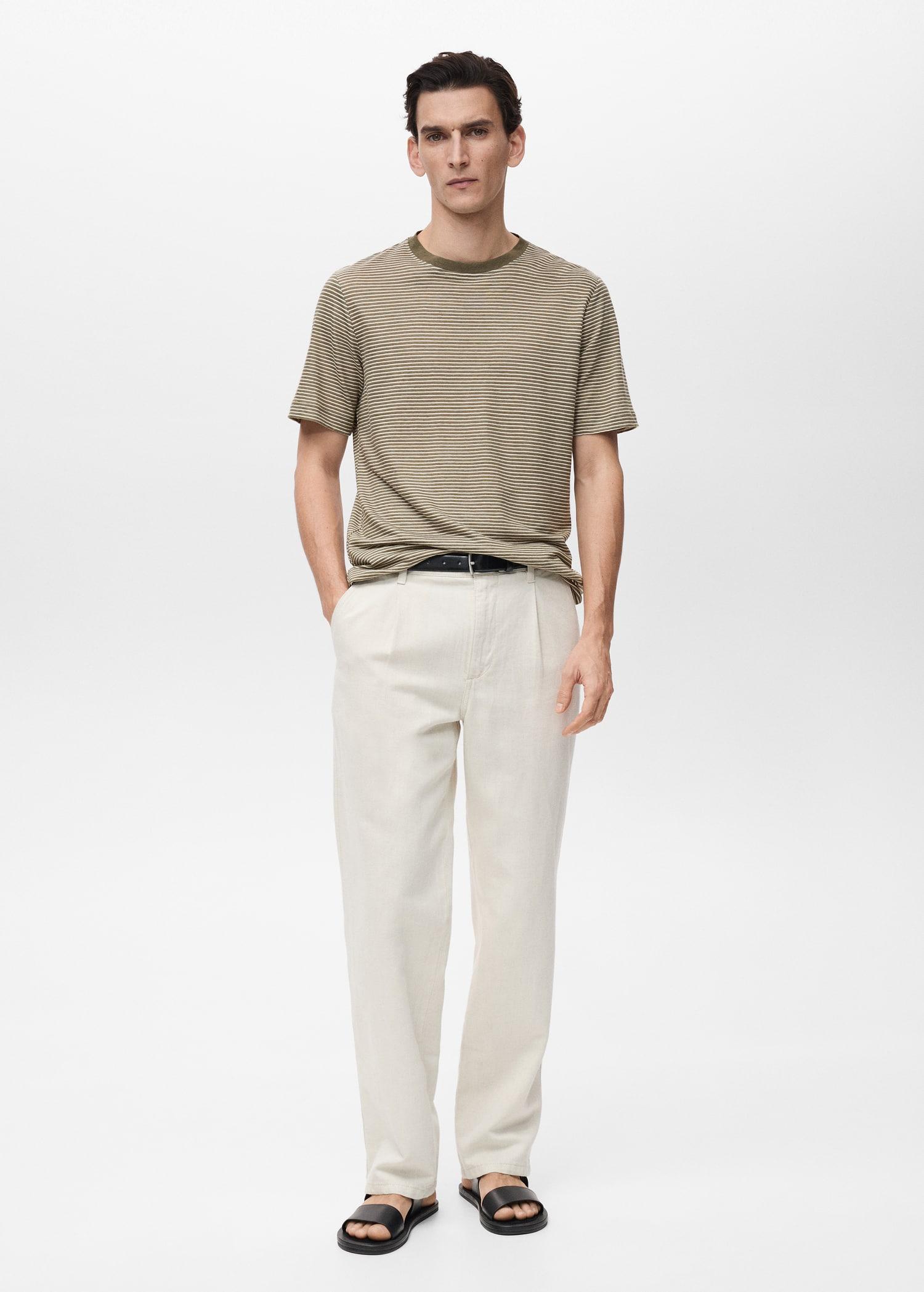 Striped slim-fit linen t-shirt - Men | MANGO USA Product Image