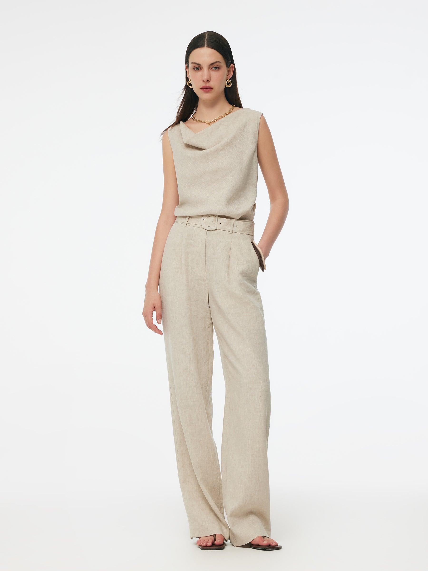 100% Linen Women Straight Leg Pants With Belt Product Image