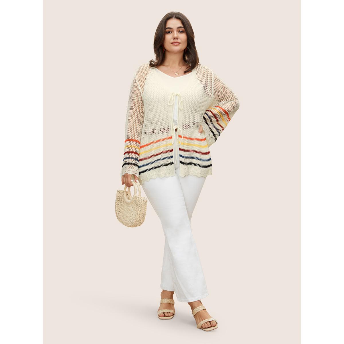 Plus Size Colored Striped Cut Out Tie Knot Coat Women Originalwhite Casual Tie knot Loose Ladies Everyday Winter Coats BloomChic 28/5X Product Image