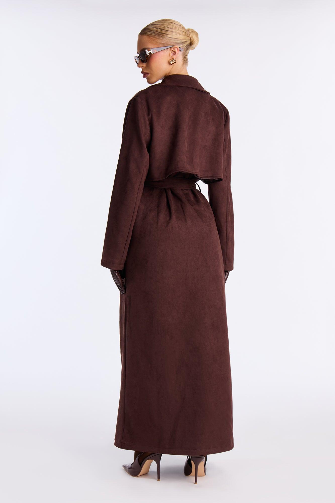 Topic of Conversation Faux Suede Trench Coat - Chocolate Female Product Image