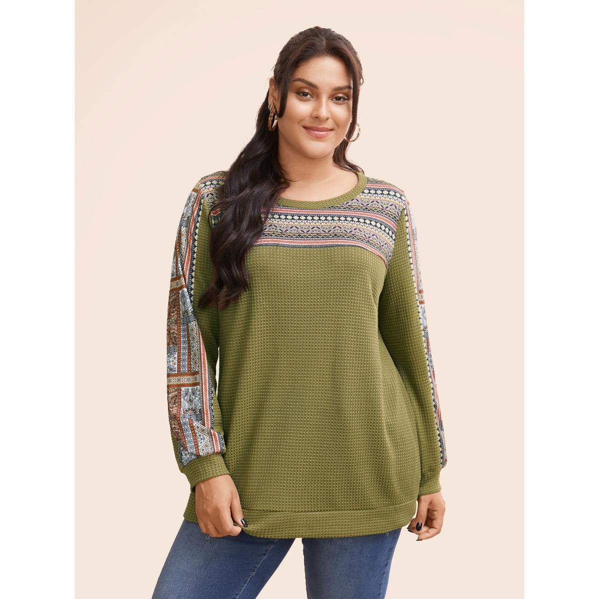Plus Size Boho Print Patchwork Waffle Knit Crew Neck Sweatshirt Women ArmyGreen Leisure Elastic cuffs Round Neck Casual Sweatshirts BloomChic 22-24/3X Product Image