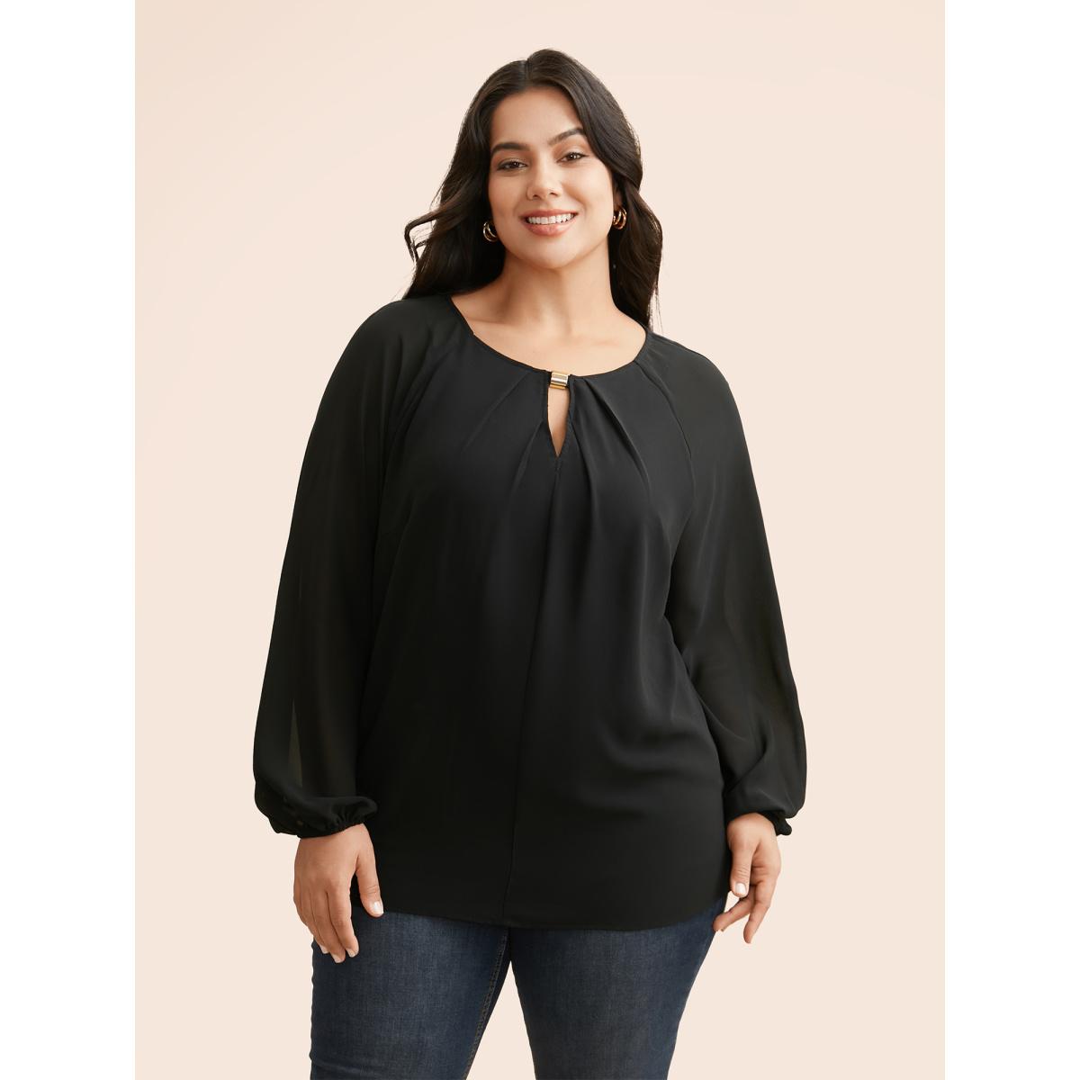 Plus Size Black Keyhole Metal Detail Gathered Blouse Women Elegant Long Sleeve Asymmetrical Neck Everyday Blouses BloomChic 18-20/2X Product Image