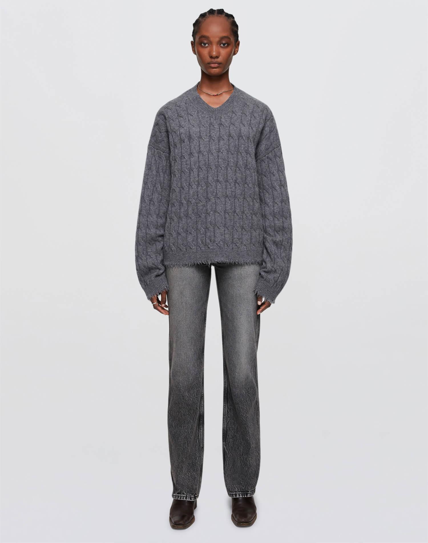 Cashmere Cable V Neck Pullover - Grey Heather Product Image