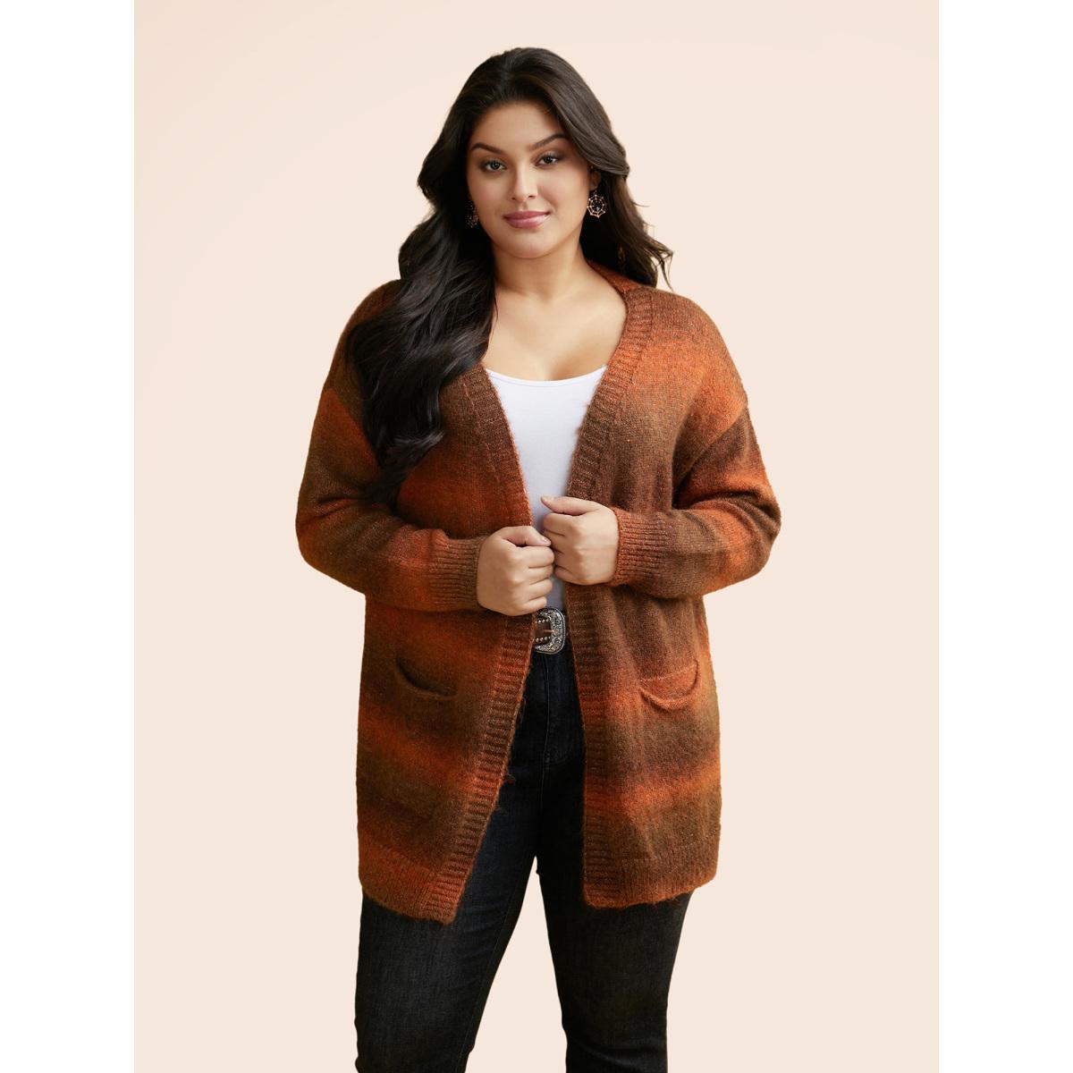 Plus Size Gradient Dye Design Pockets Cardigan Yellowishbrown Women Basics Loose Long Sleeve Everyday Cardigans BloomChic 18-20/2X Product Image