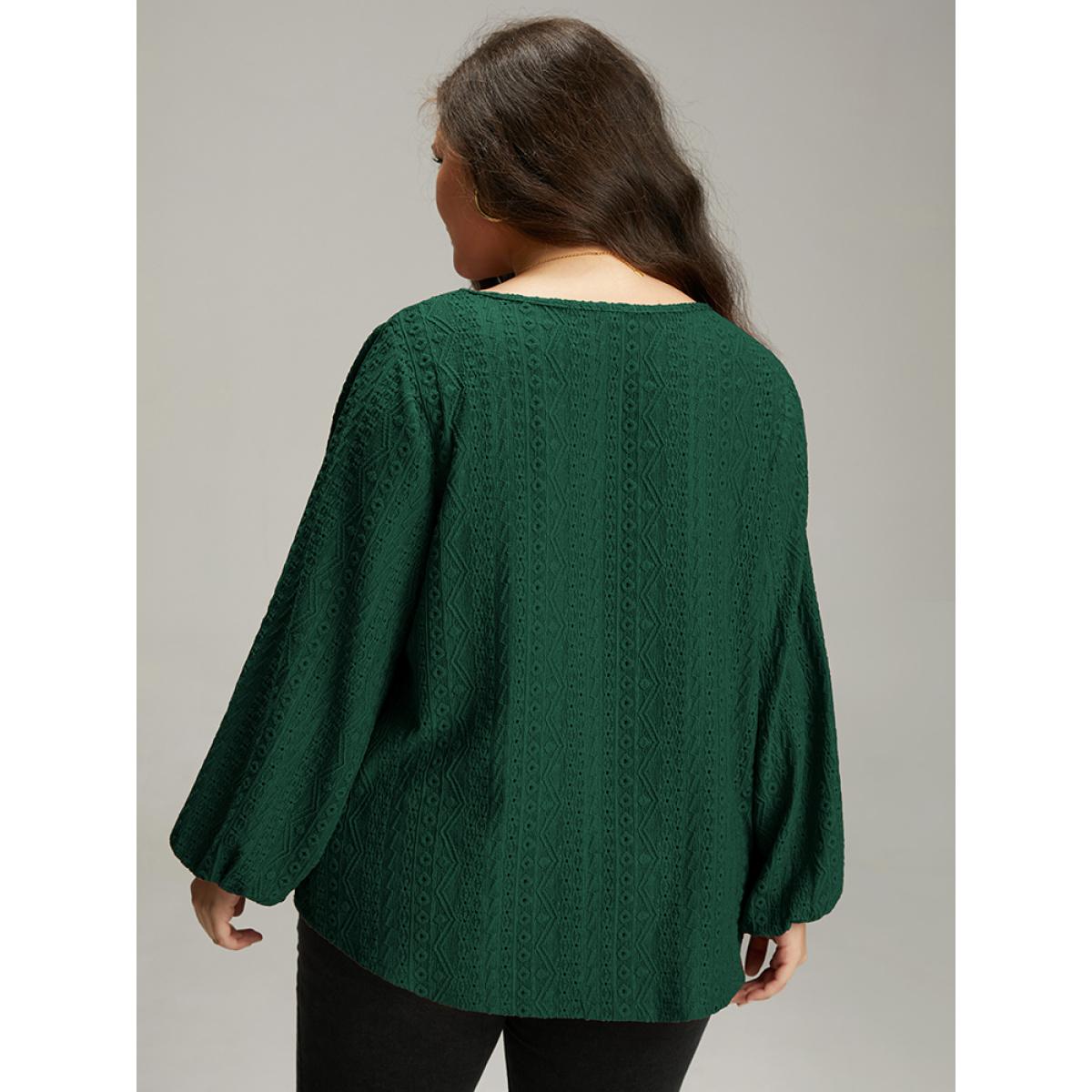 Plus Size Keyhole Plicated Detail Lantern Sleeve T-shirt DarkGreen Women Elegant Elastic cuffs Plain V-neck Dailywear T-shirts BloomChic 14-16/1X Product Image