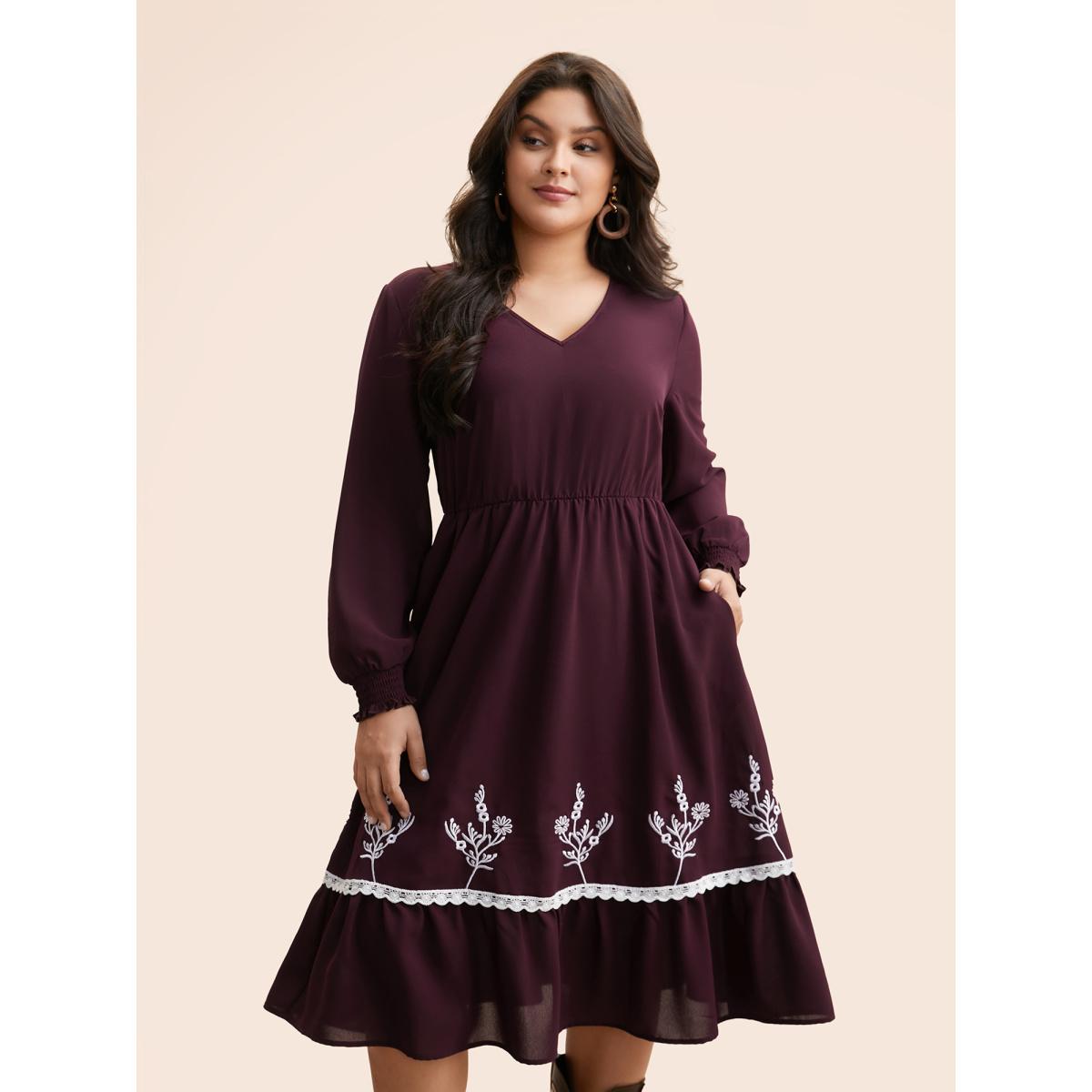 Plus Size Floral Embroidered Crochet Lace Midi Dress Eggplant Women Resort Woven ribbon&lace trim V-neck Long Sleeve Curvy BloomChic 30/6X Product Image