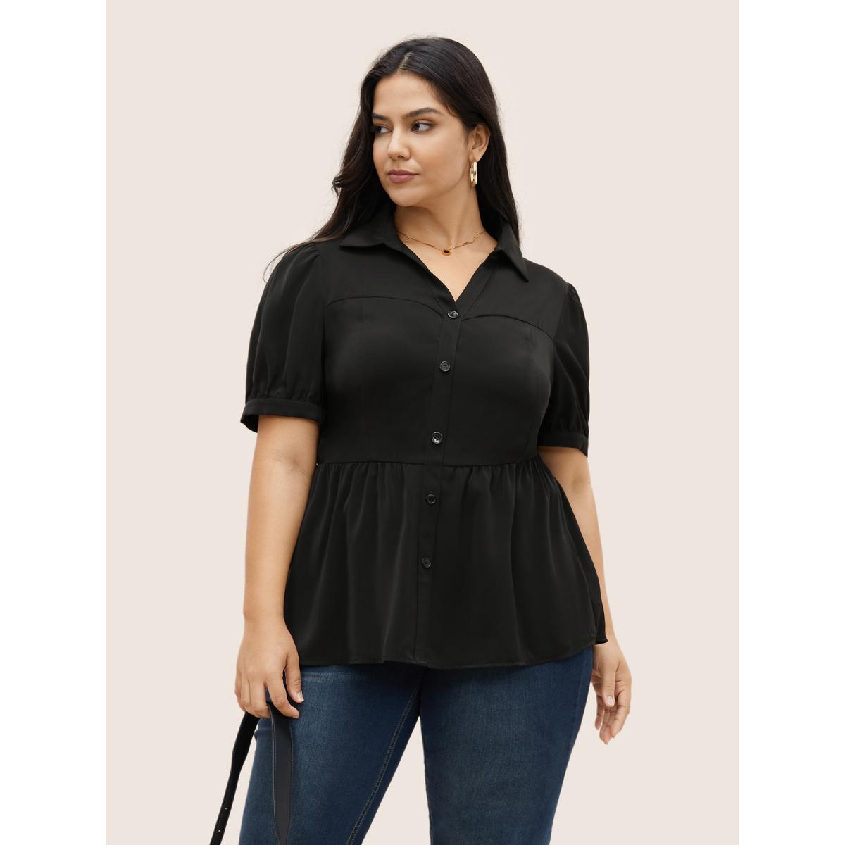 Plus Size Black Shirt Collar Solid Button Detail Gathered Blouse Women At the Office Short sleeve Shirt collar Work Blouses BloomChic 14-16/1X Product Image
