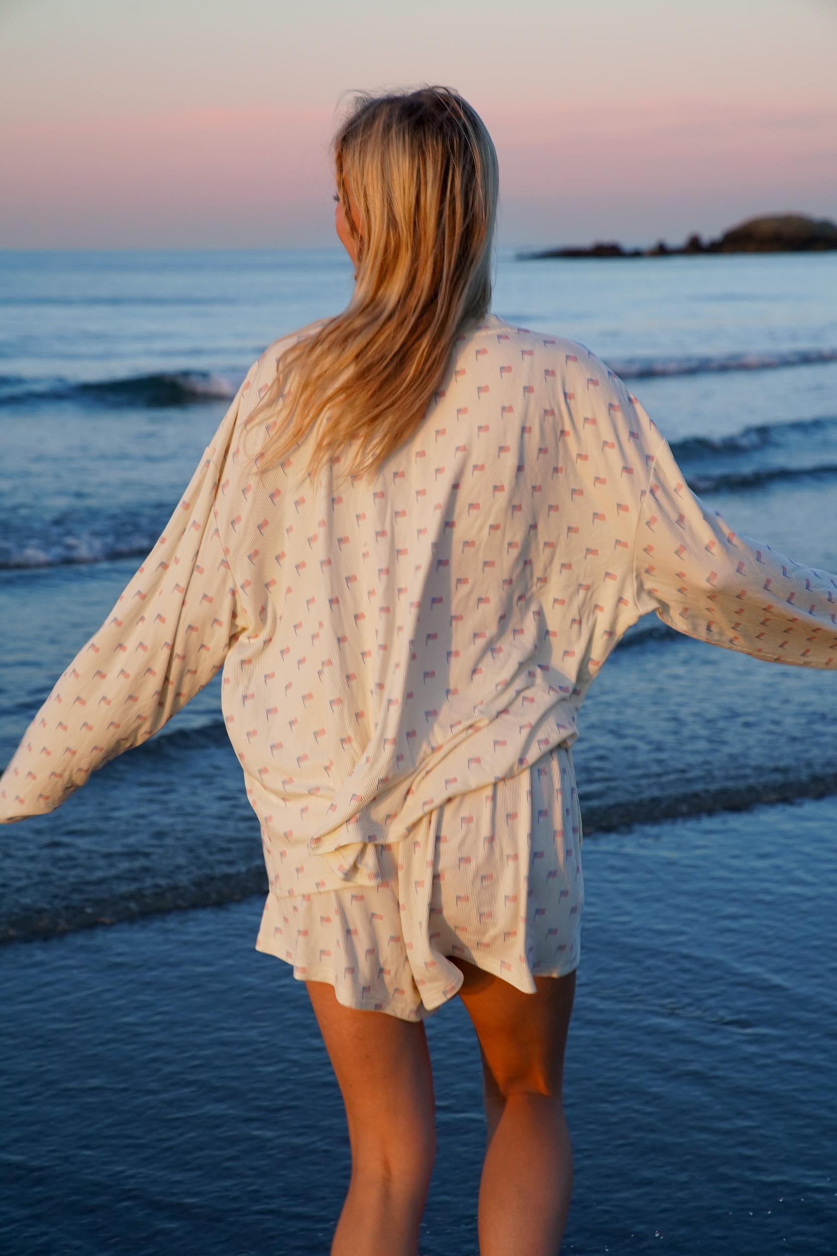 Pale Yellow American Flag Pajama Pattern Top Product Image