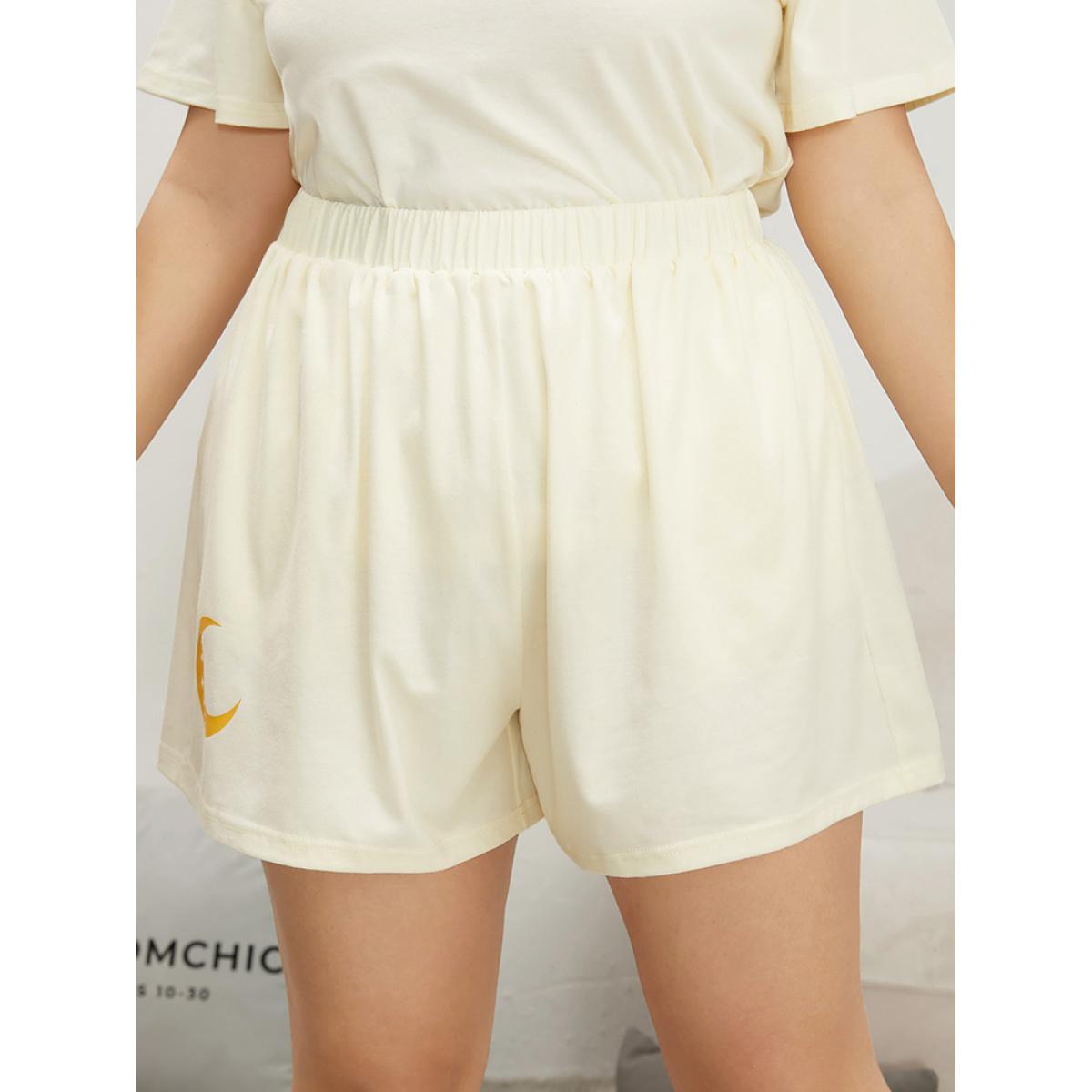 Plus Size Moon Print Elastic Waist Pocket Sleep Shorts Women Ivory Casual Star and moon Shoulderless Pocket Loungewear BloomChic 12/L Product Image