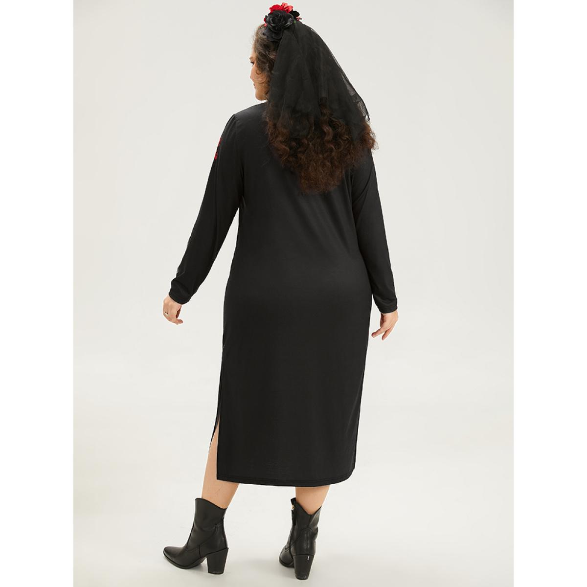 Plus Size Halloween Mock Neck Skull Print Split Hem Dress Black Women Casual Printed Mock Neck Long Sleeve Curvy Midi Dress BloomChic 18-20/2X Product Image