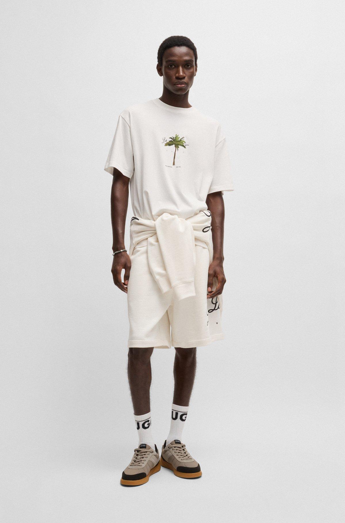 HUGO - Cotton-jersey T-shirt with palm-tree print - White Product Image