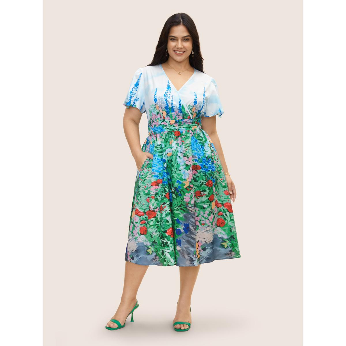 Plus Size Surplice Neck Floral Ruched Midi Dress Multicolor Women Elegant Gathered Overlap Collar Short sleeve Curvy BloomChic 18-20/2X Product Image