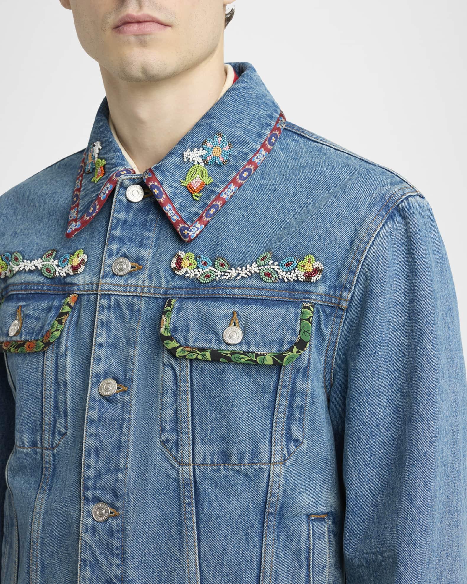Men's Embroidered-Trim Denim Jacket Product Image