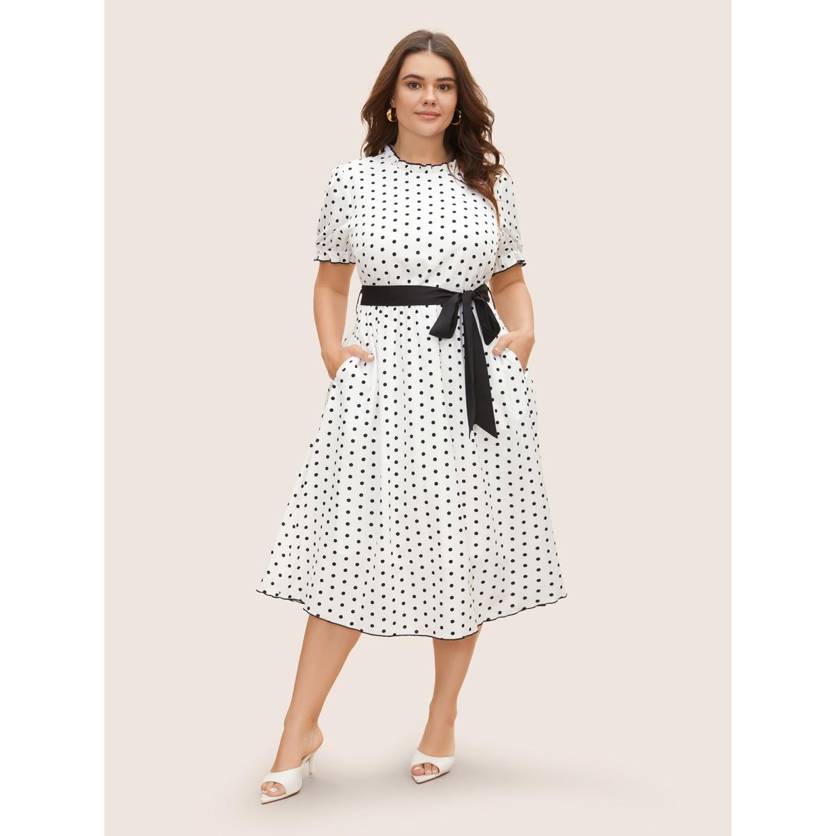 Plus Size Bow Polka Dot Midi Dress Originalwhite Women Elegant Belted Mock Neck Short sleeve Curvy BloomChic 26/4X Product Image