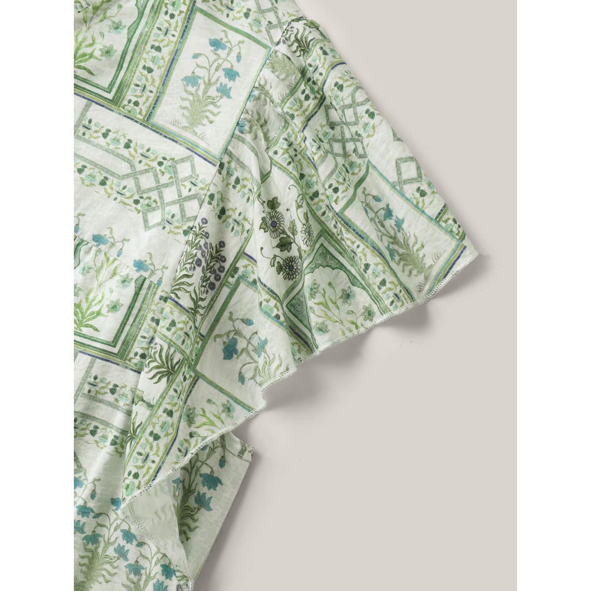 Plus Size Moss Serene Leaf Collage Flutter Sleeve Blouse Women Short sleeve Notched collar Vacation Blouses BloomChic 14-16/1X Product Image