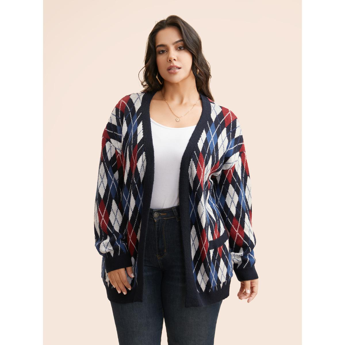 Plus Size Plaid Drop Shoulder Pocket Cardigan Midnight Women Playful Loose Long Sleeve Casual Cardigans BloomChic 26/4X Product Image
