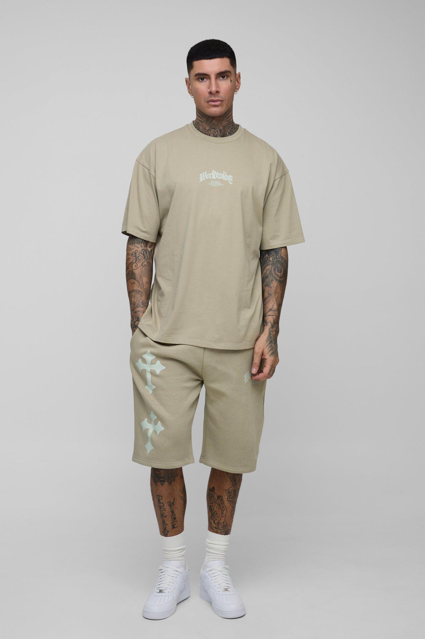 Tall Oversized Worldwide Cross PrintT-Shirt & Short Set | boohooMAN USA Product Image