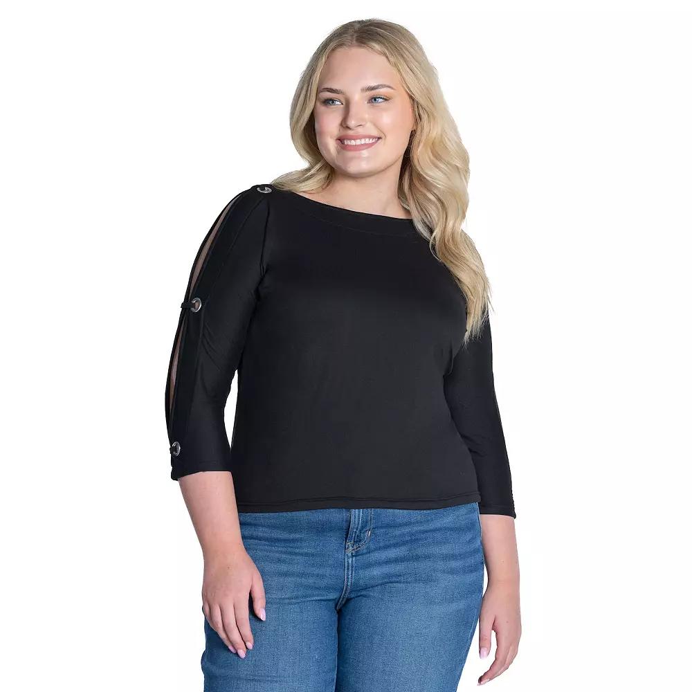 Plus Size 24Seven Comfort Apparel Boatneck 3/4-Sleeve Grommet Detailed Top, Women's, Size: 2XL, Red Product Image